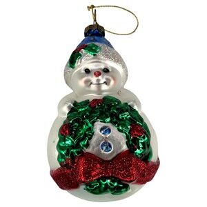 5" Snowman Wreath Christmas Ornament Blown Glass Tree Hand Painted VTG